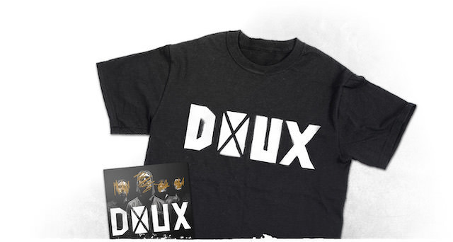 A DOUX Logo T-Shirt and the 'presents' CD depicted